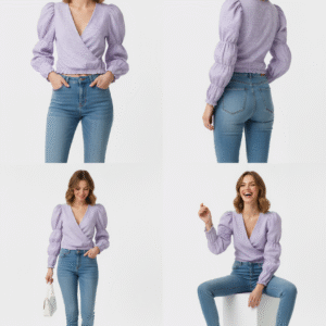 Blusa de Cuadros con Escote Cruzado y Mangas Abullonadas