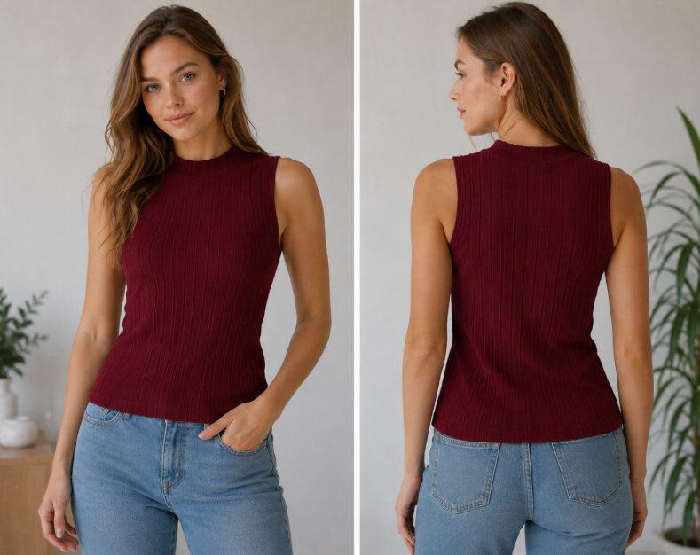 Codigo-101 Blusa Elegante Plisada Color Vino Sin Mangas - Talla XL