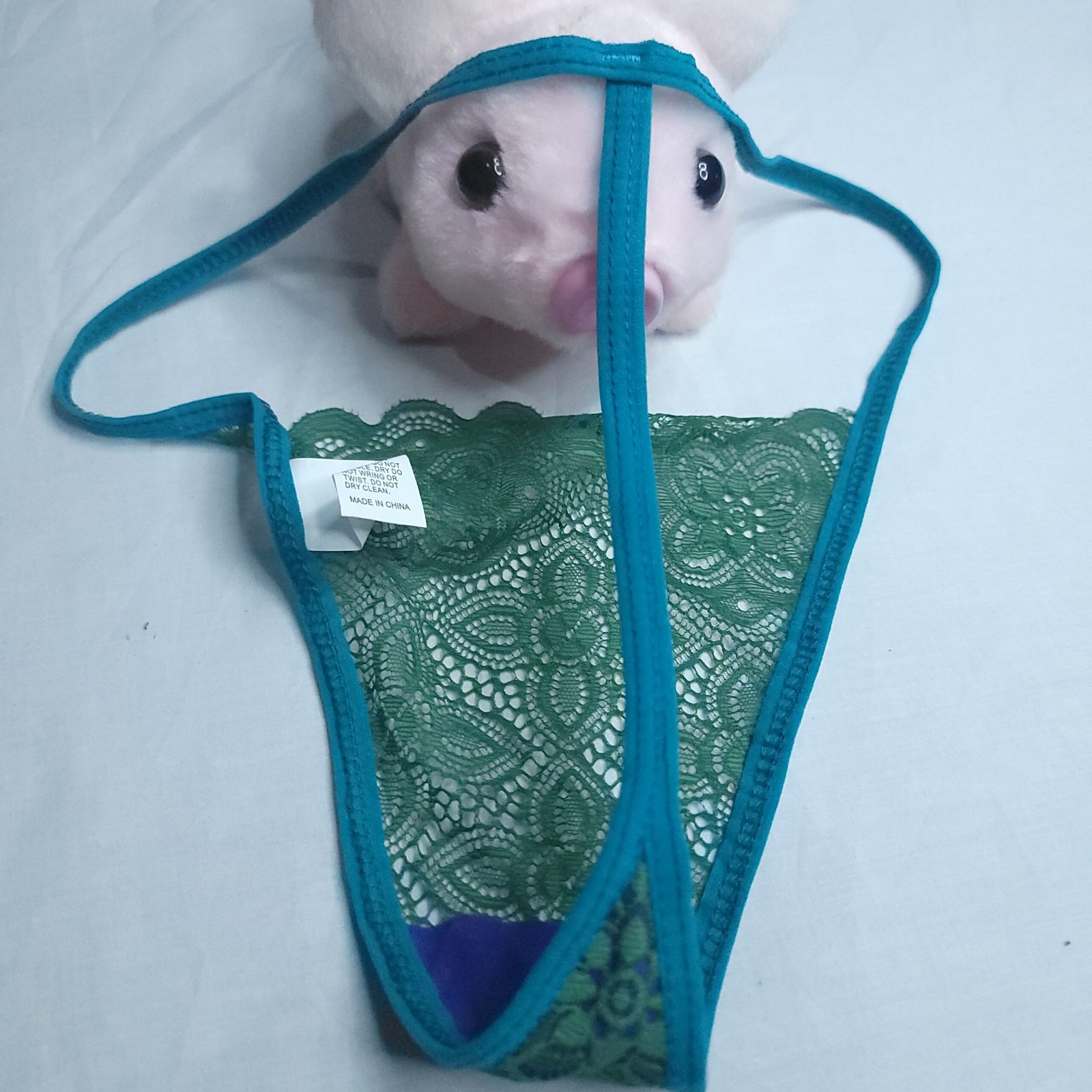 Codigo-111-Panty Hilo de Encaje Semitransparente Verde Salvia con Detalles Turquesa – Talla S