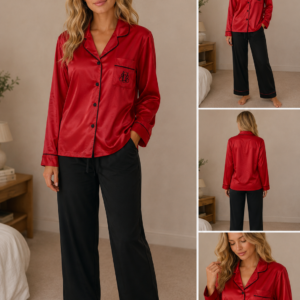 Pijama roja de manga larga con cuello alto y bolsillos – Talla PL