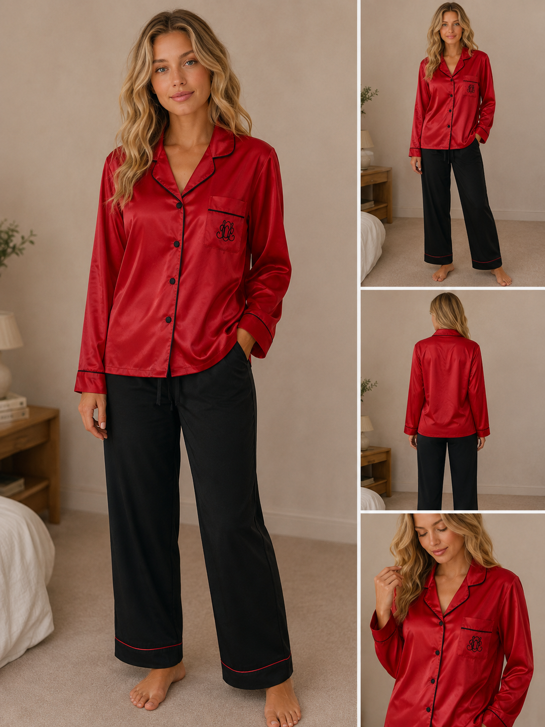 Pijama roja de manga larga con cuello alto y bolsillos – Talla PL