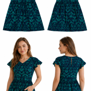 Vestido estampado verde turquesa y azul marino de manga corta – Talla L