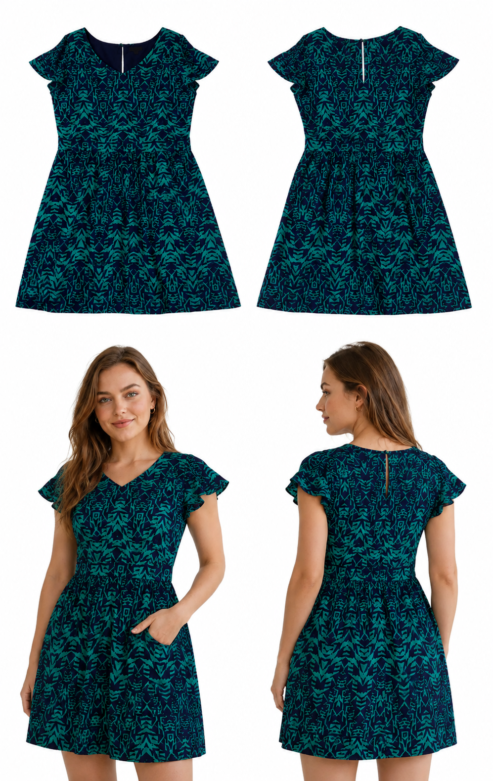 Vestido estampado verde turquesa y azul marino de manga corta – Talla L