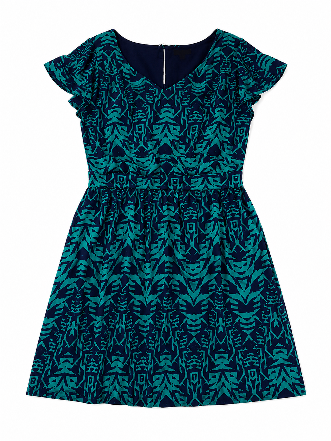 Vestido estampado verde turquesa y azul marino de manga corta – Talla L - Imagen 4