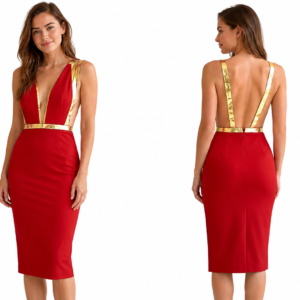 Vestido rojo midi con tirantes dorados y escote profundo – Talla S/M