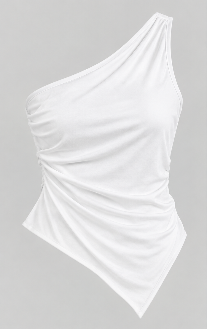 Blusa Asimétrica de Un Solo Hombro con Fruncido Color Blanco – Talla M - Imagen 2