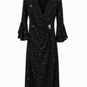 Vestido Midi con Escote en V, Estampado de Estrellas y Detalle Fruncido