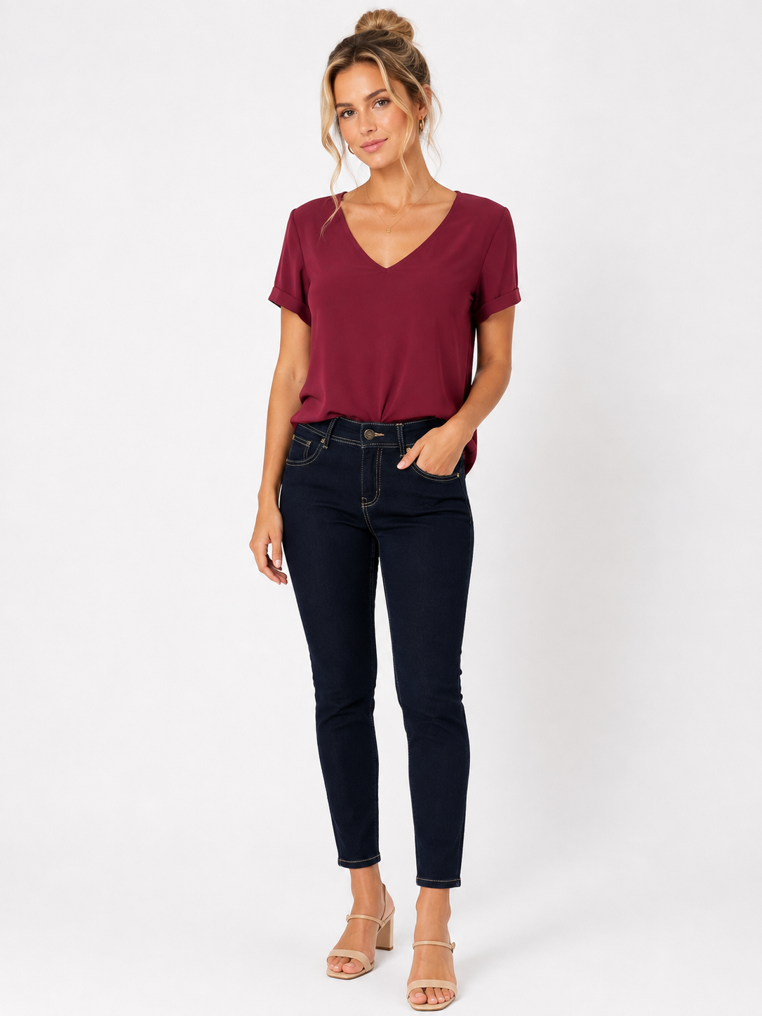Jeans Skinny Azul Oscuro con Costuras en Contraste